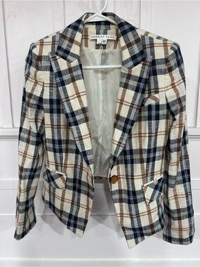 Veronica Beard Cream Plaid Blazer with Navy & Brown Check